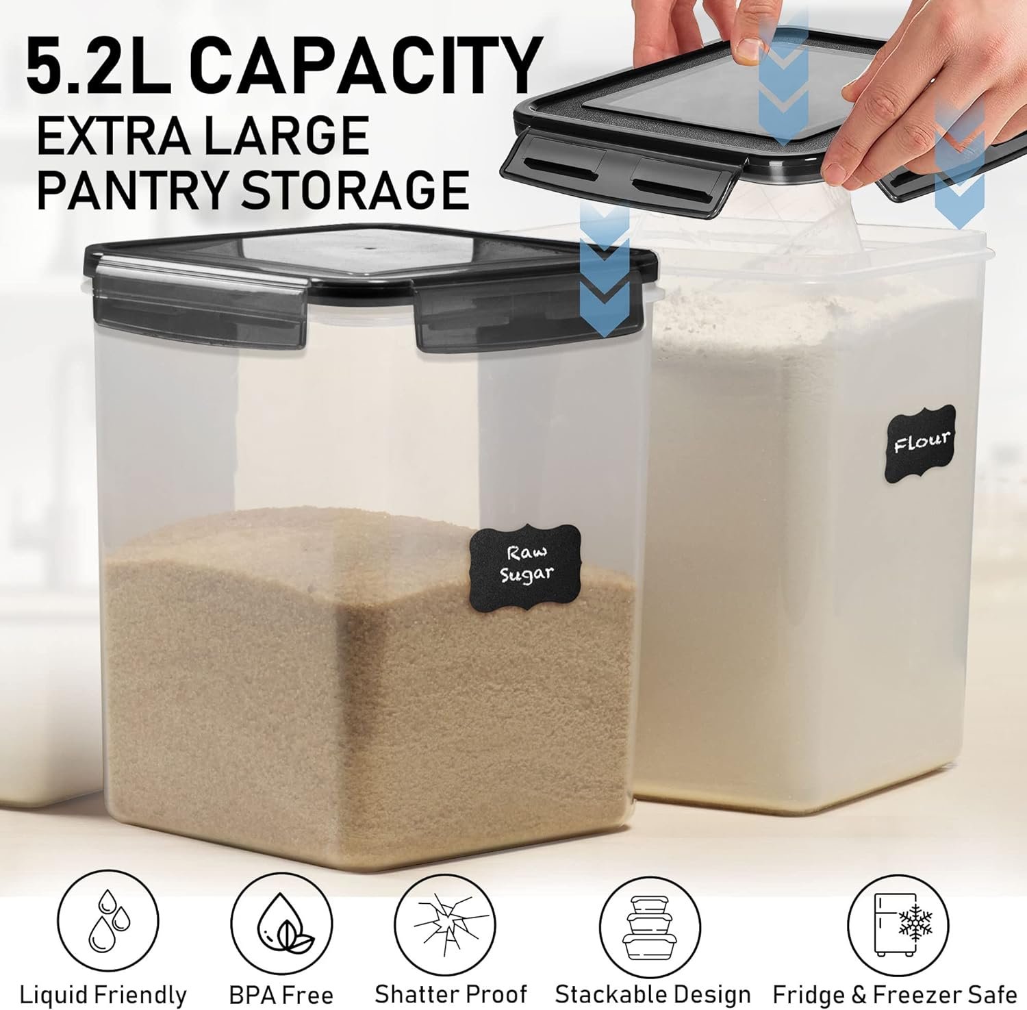 EXTRA LARGE WIDE  DEEP Food Storage Airtight Containers [Set of 4] 5.2L (175.9oz) w/ 4 Measuring Cups + Labels - Ideal for Sugar, Flour, Baking Supplies - Clear Plastic - Leakproof