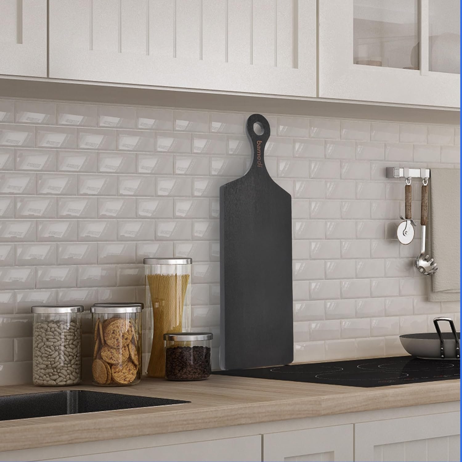 Extra Long Acacia Wood Cutting Board with Round Handle - Versatile Charcuterie and Cheese Board - Durable Wooden Chopping Board - Elegant Black Design for Modern Kitchens - 23.6L x 8W