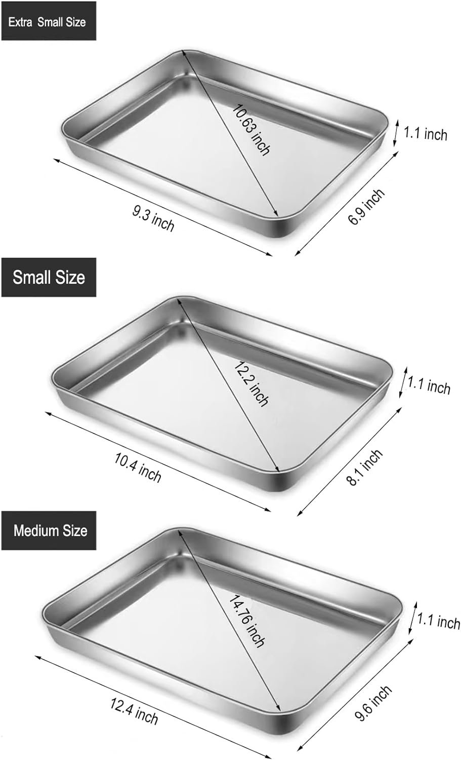 Extra Small Baking Sheet Pans Stainless Steel 304 Tiny Serving Tray 9.3 x 6.9 x1.1Inch (Diagonal 10.63) Dishwasher Safe No Rust Reheat Food for 1~2 Person 2 Pack