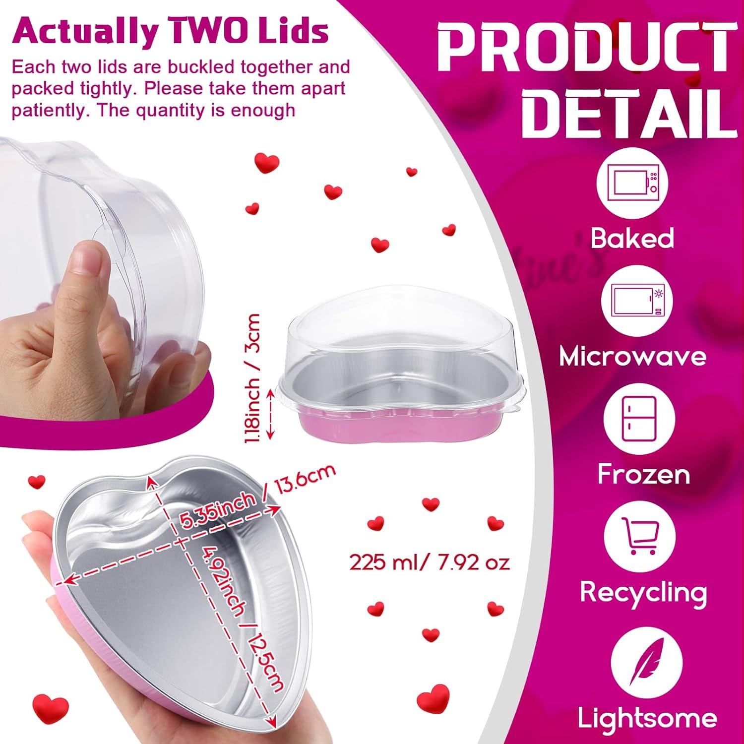 Fainne 12 Sets Valentines Day 5 Aluminum Foil Heart Shaped Cake Pans with Clear Lids 225 ml/ 7.92 oz Heart Cake Pan Mini Heart Shaped Containers Disposable Dessert Baking Cups Pans (Pink)