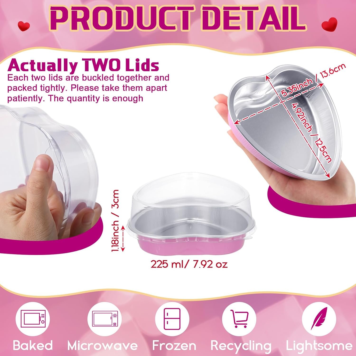 Fainne 12 Sets Valentines Day 5 Aluminum Foil Heart Shaped Cake Pans with Clear Lids 225 ml/ 7.92 oz Heart Cake Pan Mini Heart Shaped Containers Disposable Dessert Baking Cups Pans (Pink)