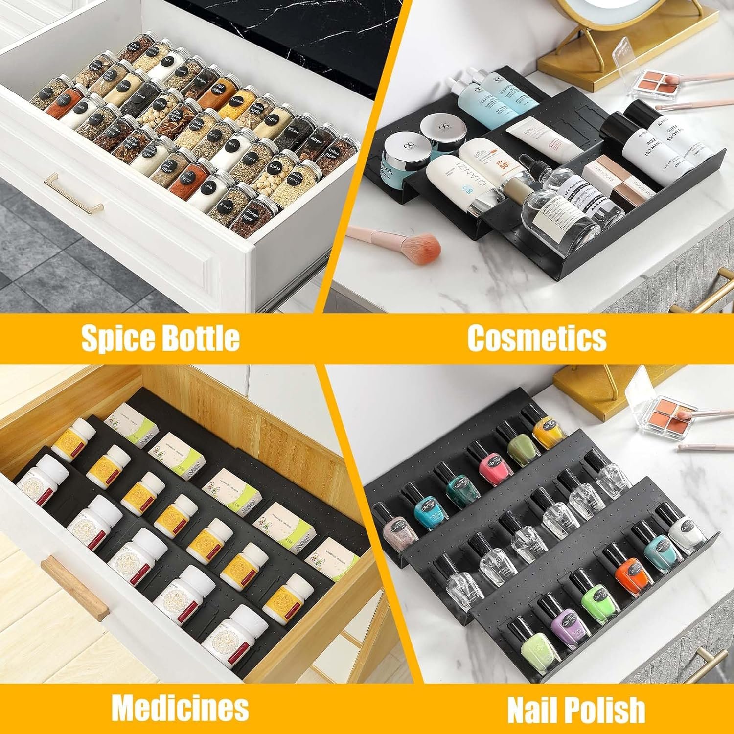 Famhap Spice Drawer Organizer, 6 Tier Expandable from 11.6 to 23.2 Seasoning Rack Tray Insert for Kitchen Drawers, Spice Rack Drawer for Spice Jars, Black (Jars not included)