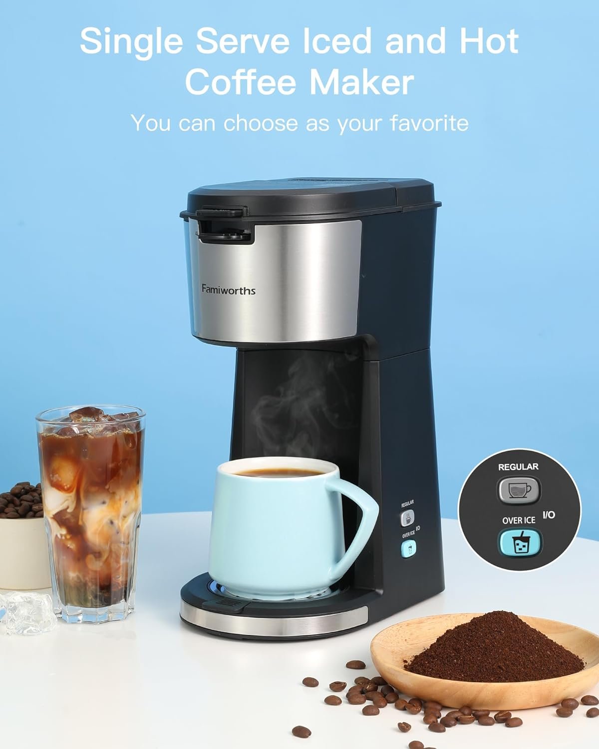 Famiworths Iced Coffee Maker with Milk Frother, Hot and Cold Single Serve Coffee Maker for K Cup  Ground Coffee, 6 to 14 Oz Brew Sizes, Coffee Machine with Descaling Reminder and Self Cleaning