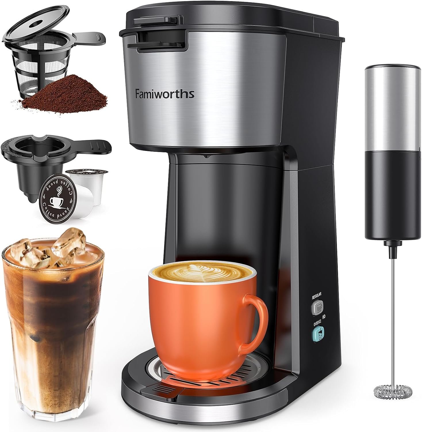 Famiworths Iced Coffee Maker with Milk Frother, Hot and Cold Single Serve Coffee Maker for K Cup  Ground Coffee, 6 to 14 Oz Brew Sizes, Coffee Machine with Descaling Reminder and Self Cleaning