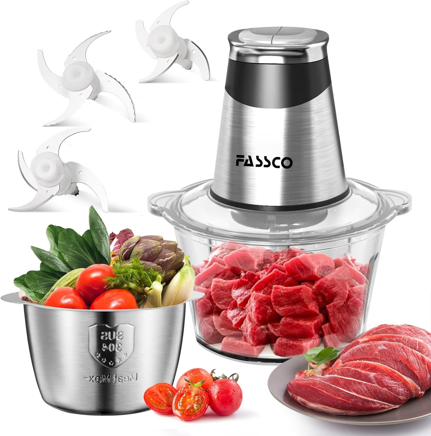 FASSCO Food Processors, Electric food Chopper, Meat Grinder with 2 Bowls (8 Cup+5 Cup),400W Copper Motor - 3 Bi-Level Blades for Meat,Vegetables,Onion, Garlic, Salad, Baby Food, Nuts, Ice Cube