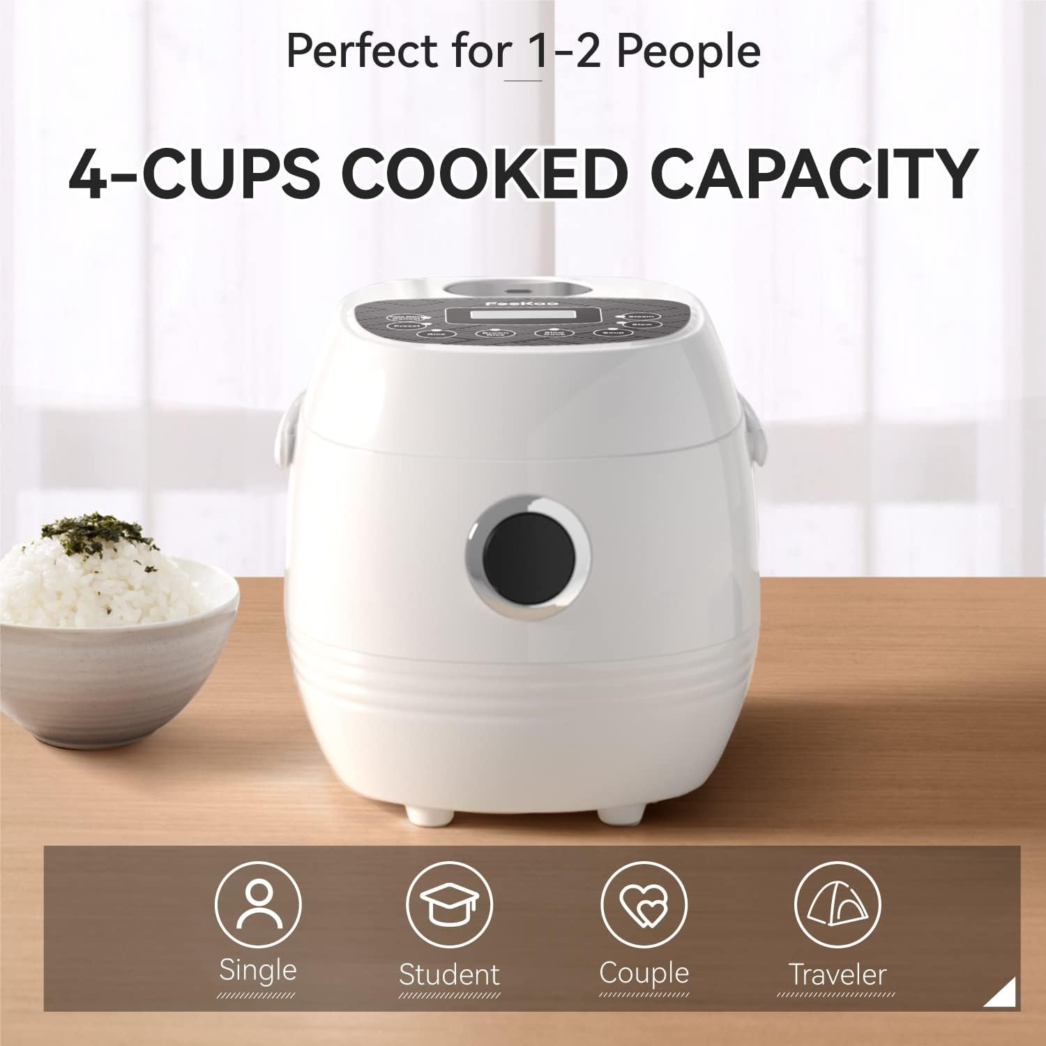 FEEKAA Small Rice Cooker 2 Cup, Mini Japanese Rice Cooker, 6-in-1 Portable Slow Cooker, Travel Rice Maker, Soup Maker, Stew Pot, Keep Warm Delay Timer, White, 1.2L FEEKAA Small Rice Cooker 2 Cup, Mini Japanese Rice Cooker, 6-in-1 Portable Slow Cooker, Travel Rice Maker, Soup Maker, Stew Pot, Keep Warm Delay Timer, White, 1.2L