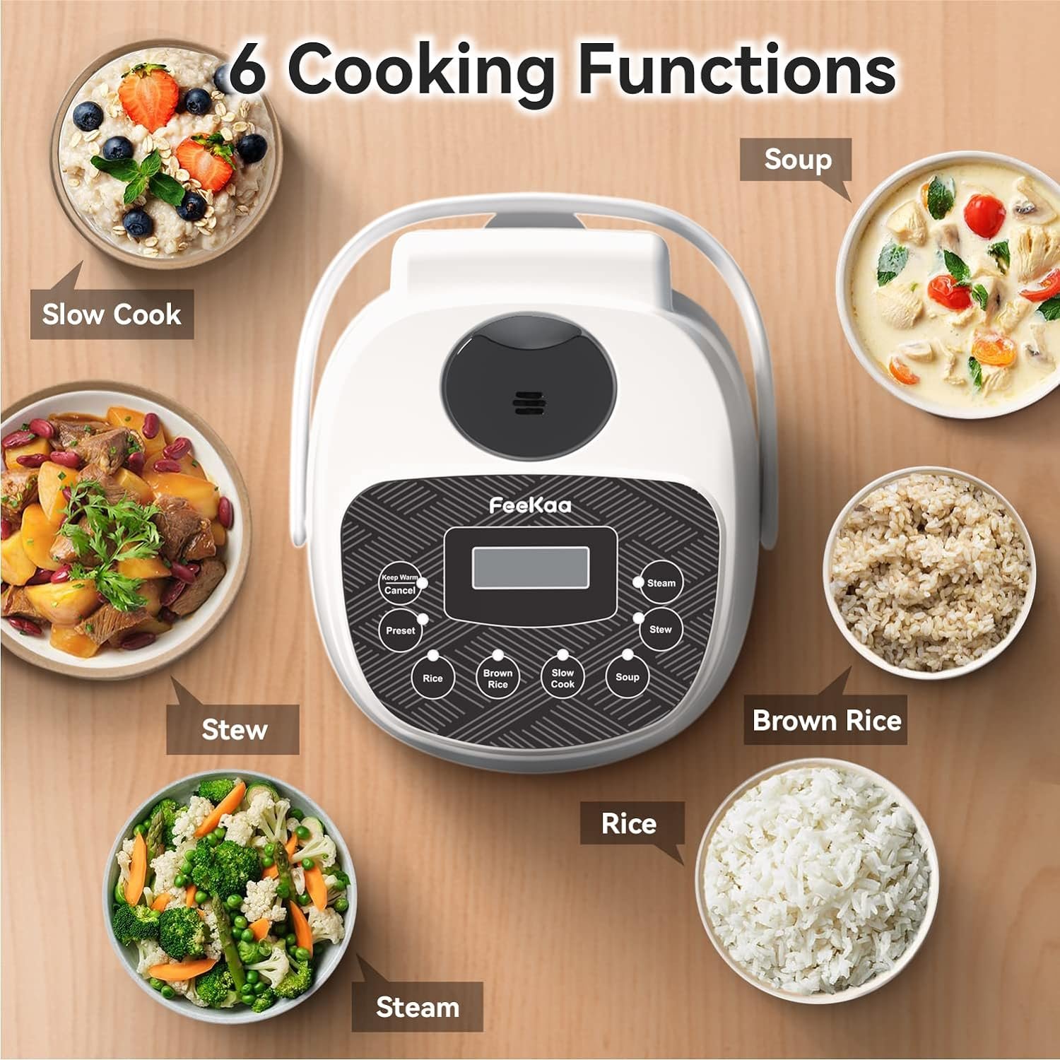 FEEKAA Small Rice Cooker 2 Cup, Mini Japanese Rice Cooker, 6-in-1 Portable Slow Cooker, Travel Rice Maker, Soup Maker, Stew Pot, Keep Warm Delay Timer, White, 1.2L FEEKAA Small Rice Cooker 2 Cup, Mini Japanese Rice Cooker, 6-in-1 Portable Slow Cooker, Travel Rice Maker, Soup Maker, Stew Pot, Keep Warm Delay Timer, White, 1.2L