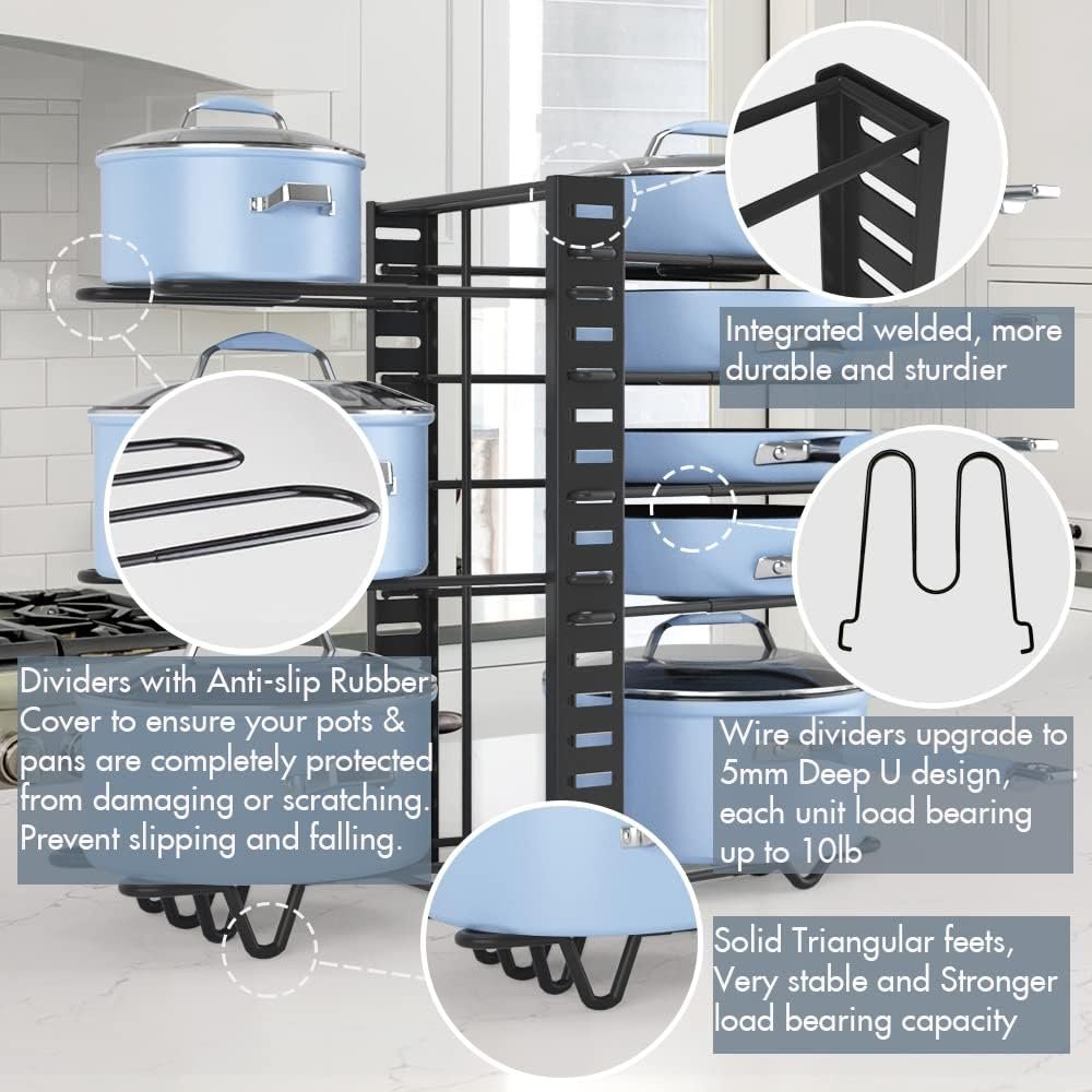 Felibeaco Adjustable Pots and Pans Organizer Rack for Cabinet, Metal Pans Pots Lids Storage Holder Rack with 3 DIY Methods for Kitchen, Counter,Black Felibeaco Adjustable Pots and Pans Organizer Rack for Cabinet, Metal Pans Pots Lids Storage Holder Rack with 3 DIY Methods for Kitchen, Counter,Black