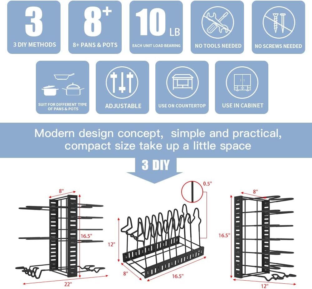 Felibeaco Adjustable Pots and Pans Organizer Rack for Cabinet, Metal Pans Pots Lids Storage Holder Rack with 3 DIY Methods for Kitchen, Counter,Black Felibeaco Adjustable Pots and Pans Organizer Rack for Cabinet, Metal Pans Pots Lids Storage Holder Rack with 3 DIY Methods for Kitchen, Counter,Black