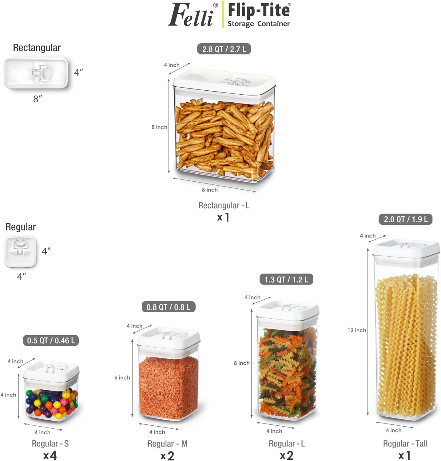 Felli Flip Tite Food Storage Container 4” RECTANGULAR Airtight Lock Lid Stackable, Plastic Clear Canister Fridge Organizer Kitchen Pantry Cupboard Organization Veggie Fruit Snack Tea bag (1.1qt) Felli Flip Tite Food Storage Container 4” RECTANGULAR Airtight Lock Lid Stackable, Plastic Clear Canister Fridge Organizer Kitchen Pantry Cupboard Organization Veggie Fruit Snack Tea bag (1.1qt)
