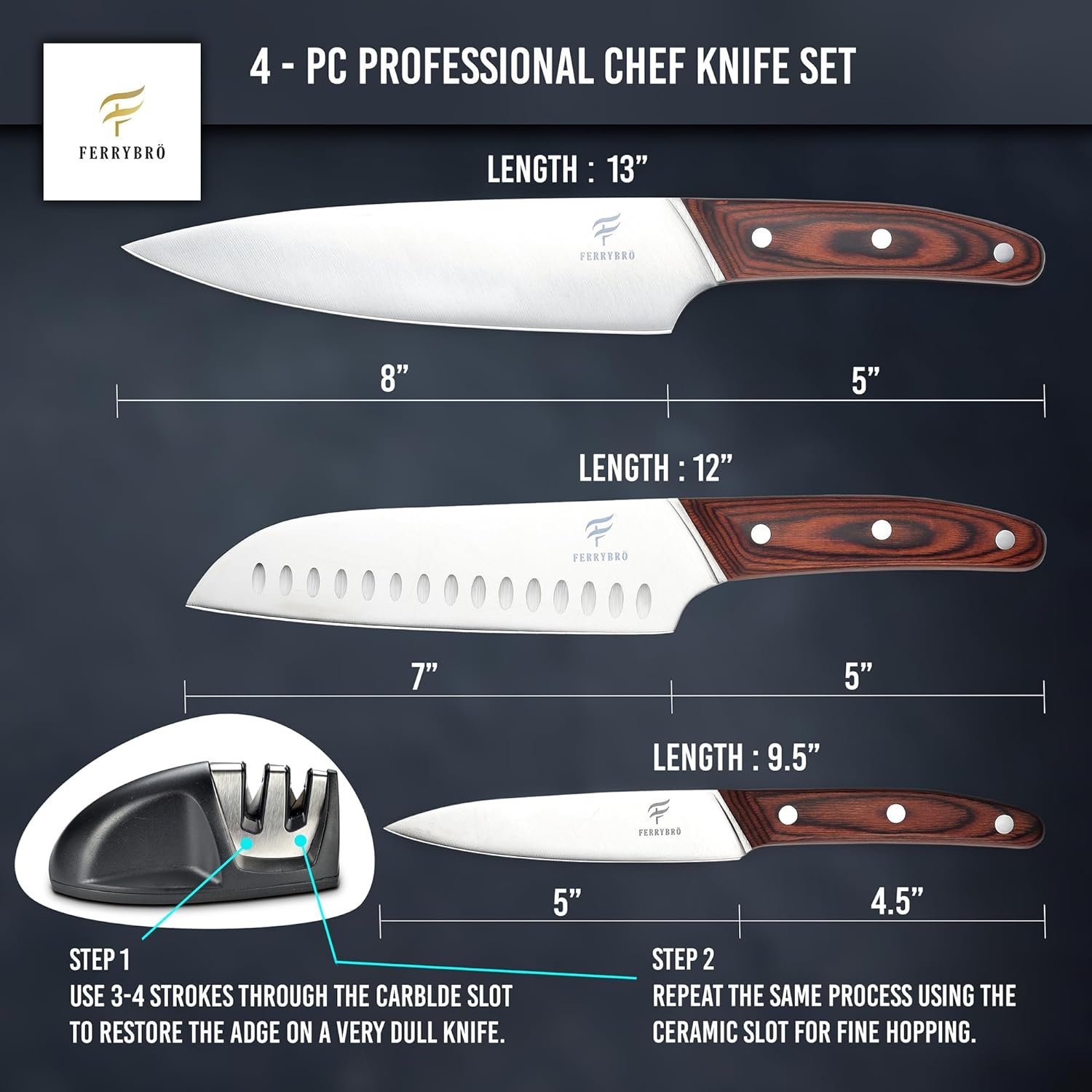 FERRYBRÖ Professional Chef Knife Set, Ultra Sharp German High Carbon Stainless Steel Blade, Kitchen Knife Set with Ergonomic Handle, 3Pcs Chefs Knives 1Pcs Sharpener(4Pcs Chefs Knife Set)