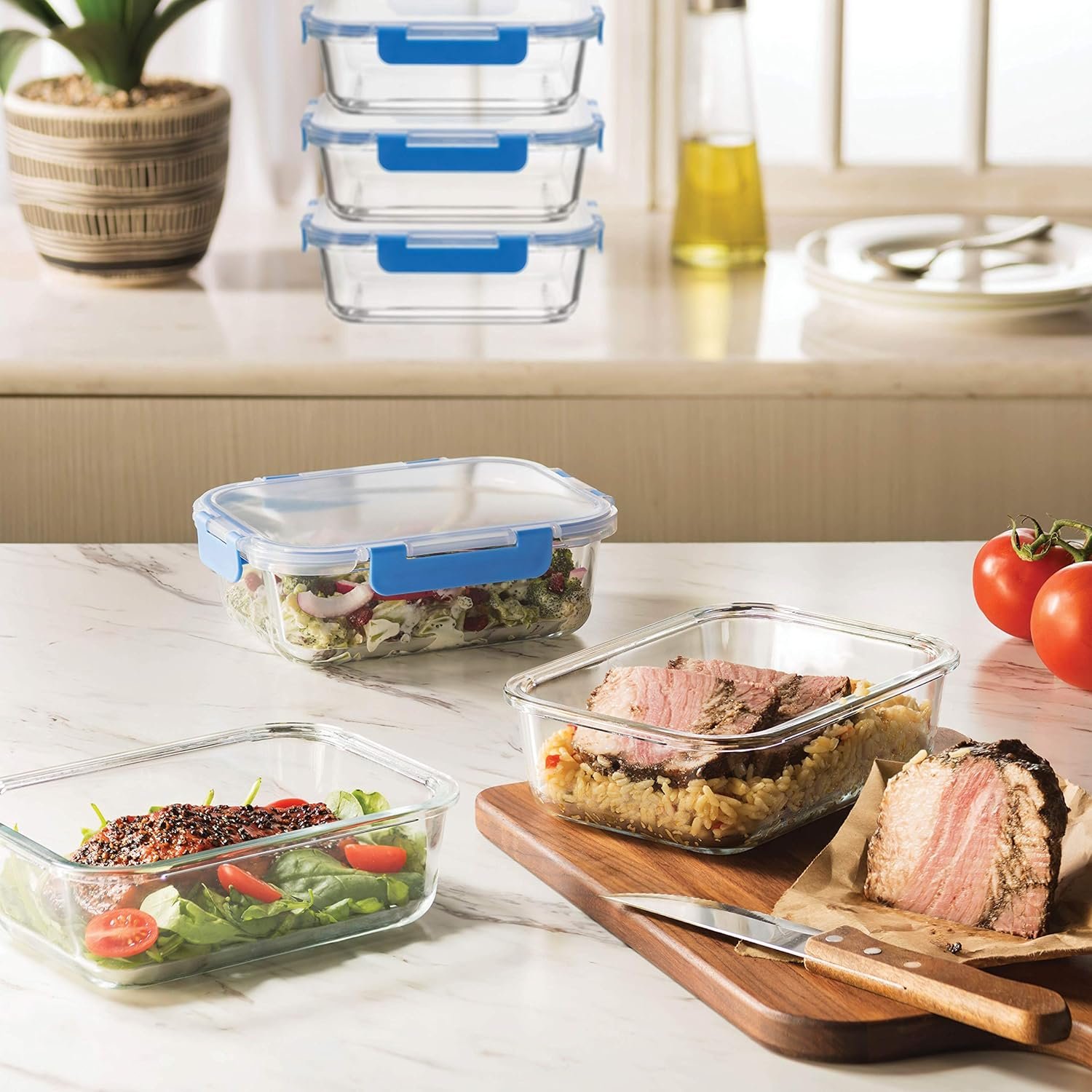 FineDine 6-Piece Superior Glass Food Storage Containers Set, 35oz Capacity - Newly Innovated Hinged Locking lids - 100% Leakproof Glass Meal-Prep Containers, Freezer-to-Oven-Safe (Blue) FineDine 6-Piece Superior Glass Food Storage Containers Set, 35oz Capacity - Newly Innovated Hinged Locking lids - 100% Leakproof Glass Meal-Prep Containers, Freezer-to-Oven-Safe (Blue)