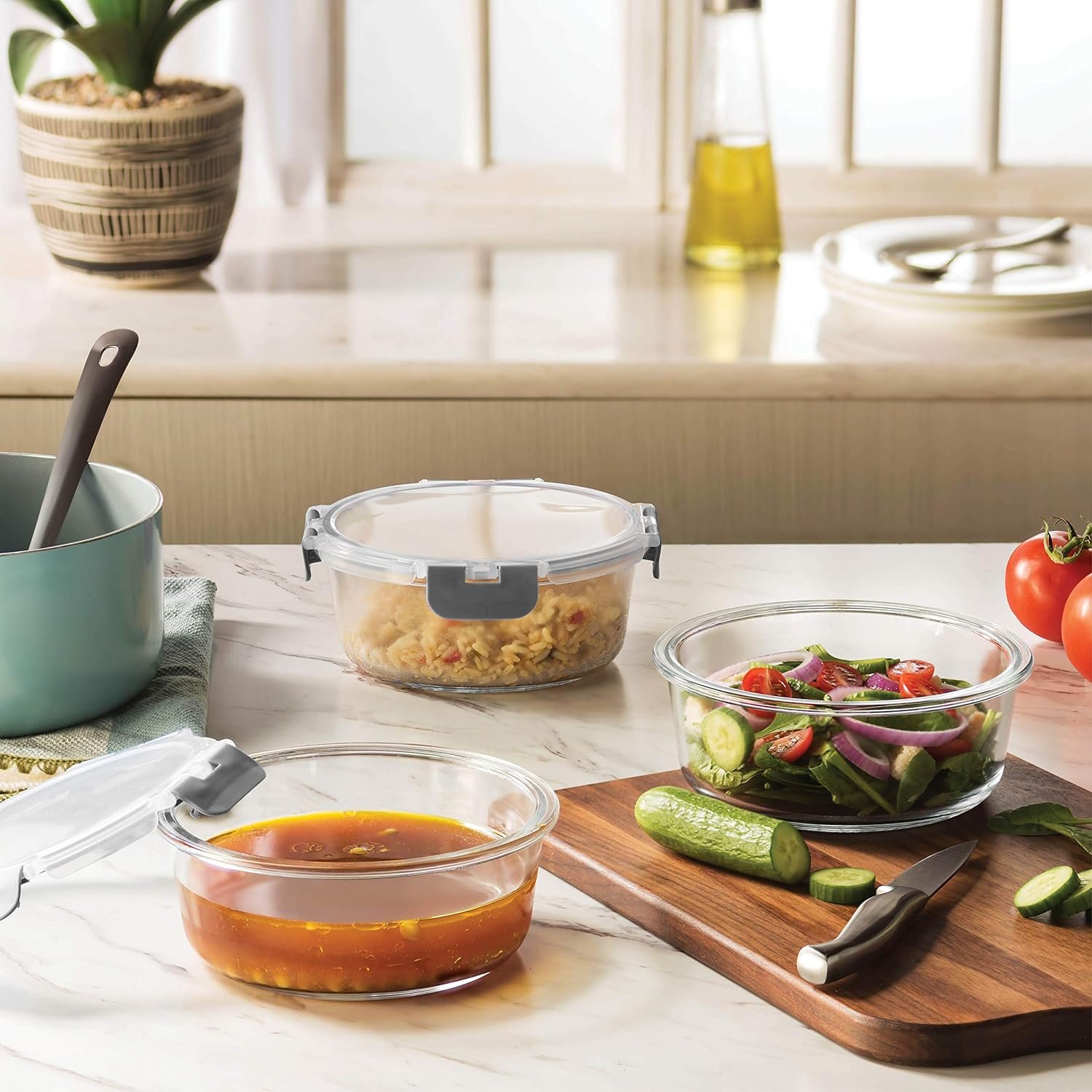 FineDine 6-Piece Superior Glass Food Storage Containers Set, 35oz Capacity - Newly Innovated Hinged Locking lids - 100% Leakproof Glass Meal-Prep Containers, Freezer-to-Oven-Safe (Grey) FineDine 6-Piece Superior Glass Food Storage Containers Set, 35oz Capacity - Newly Innovated Hinged Locking lids - 100% Leakproof Glass Meal-Prep Containers, Freezer-to-Oven-Safe (Grey)