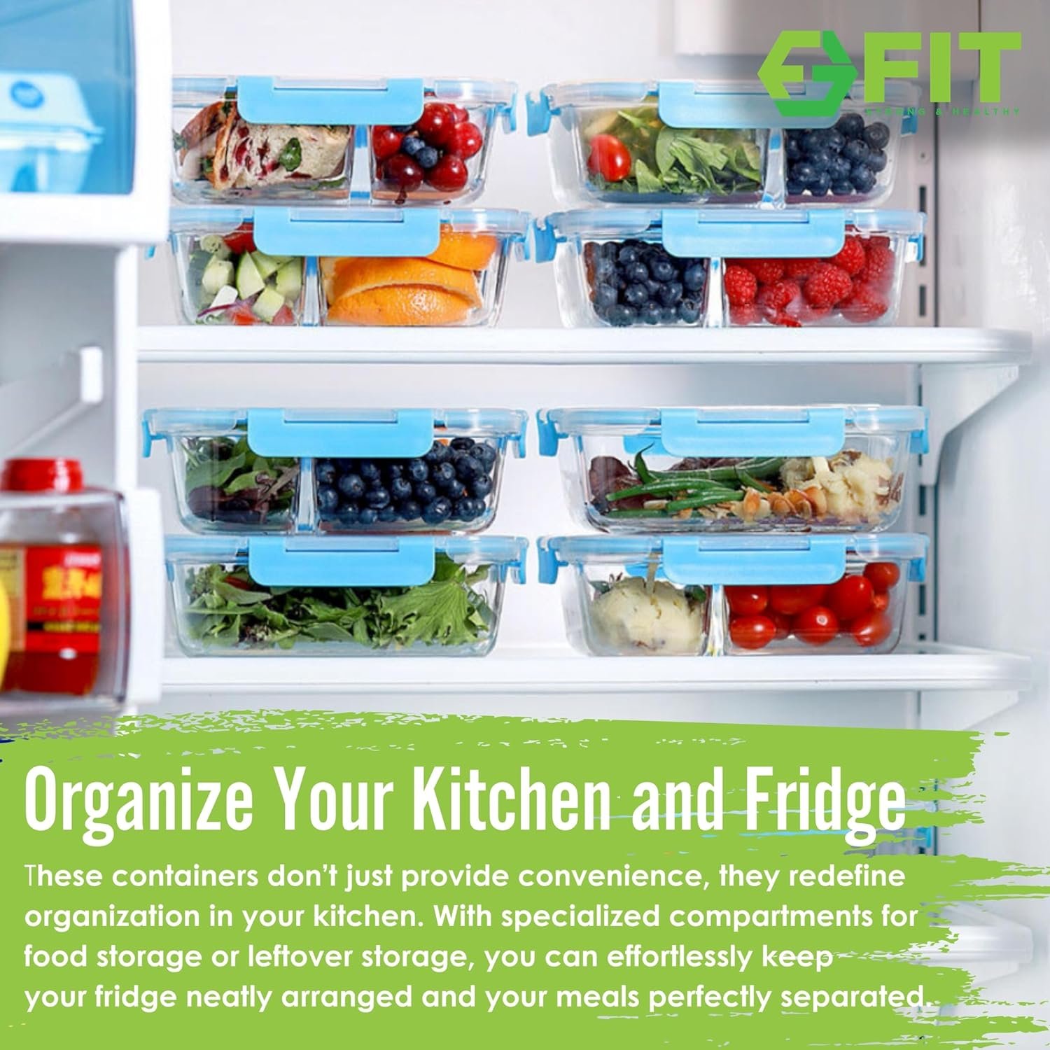 FIT Strong  Healthy 2  3 Compartment Glass Meal Prep Containers (4 Pack, 32 oz) - Glass Food Storage Containers with Lids, Glass Bento Box, Portion Control, Airtight, Oven  Freezer safe