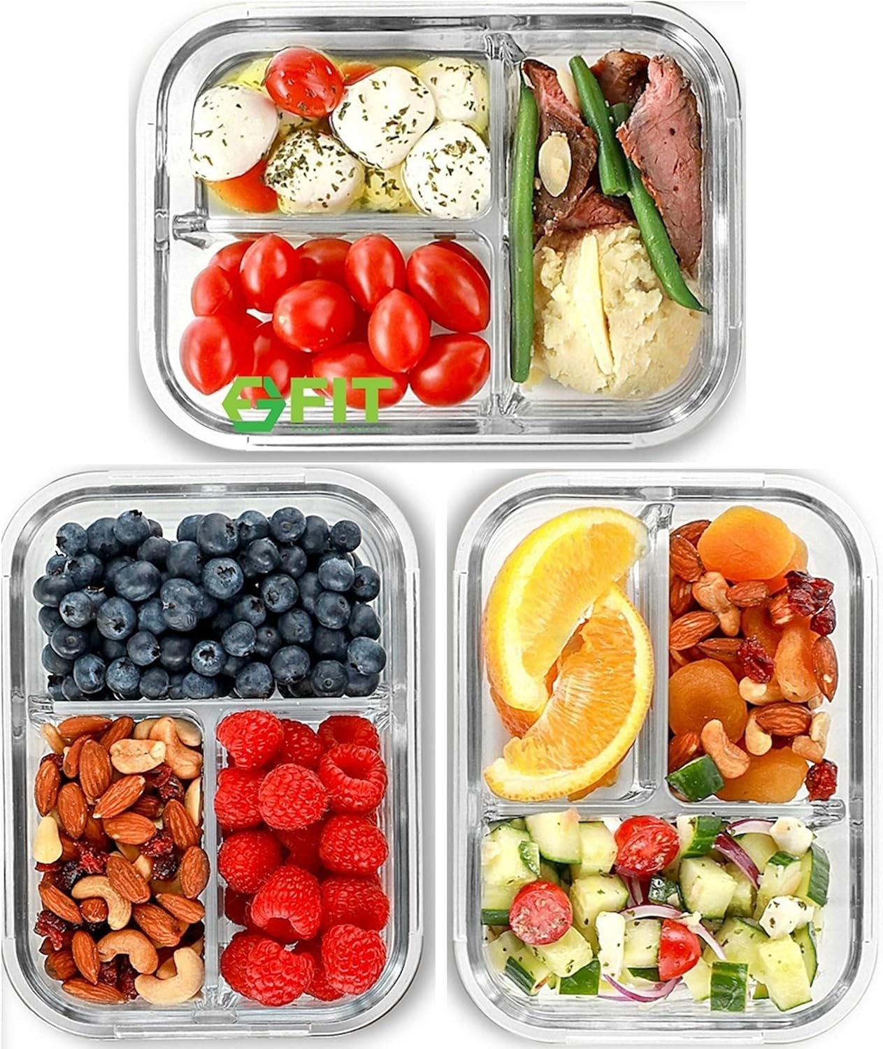 FIT Strong  Healthy 2  3 Compartment Glass Meal Prep Containers (4 Pack, 32 oz) - Glass Food Storage Containers with Lids, Glass Bento Box, Portion Control, Airtight, Oven  Freezer safe