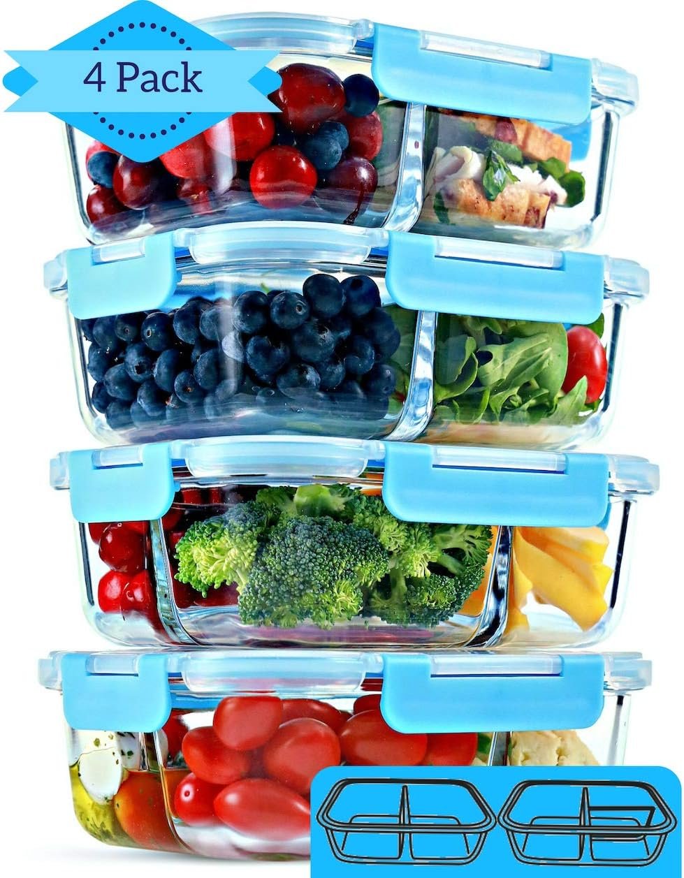 FIT Strong  Healthy 2  3 Compartment Glass Meal Prep Containers (4 Pack, 32 oz) - Glass Food Storage Containers with Lids, Glass Bento Box, Portion Control, Airtight, Oven  Freezer safe
