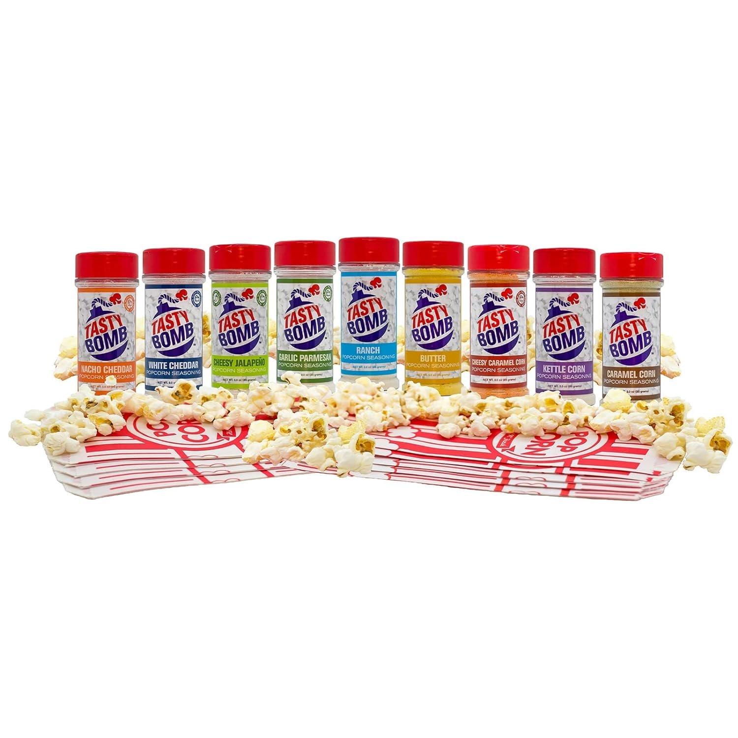 Flavorful Popcorn Seasoning Variety Pack – 6 Seasonings in White Cheddar Cheese, Ranch, Garlic Parmesan  More with Popcorn Bags – Gluten-Free Keto Snack for Movie Nights  Gifts by Tasty Bomb, 2.8-3 Oz.