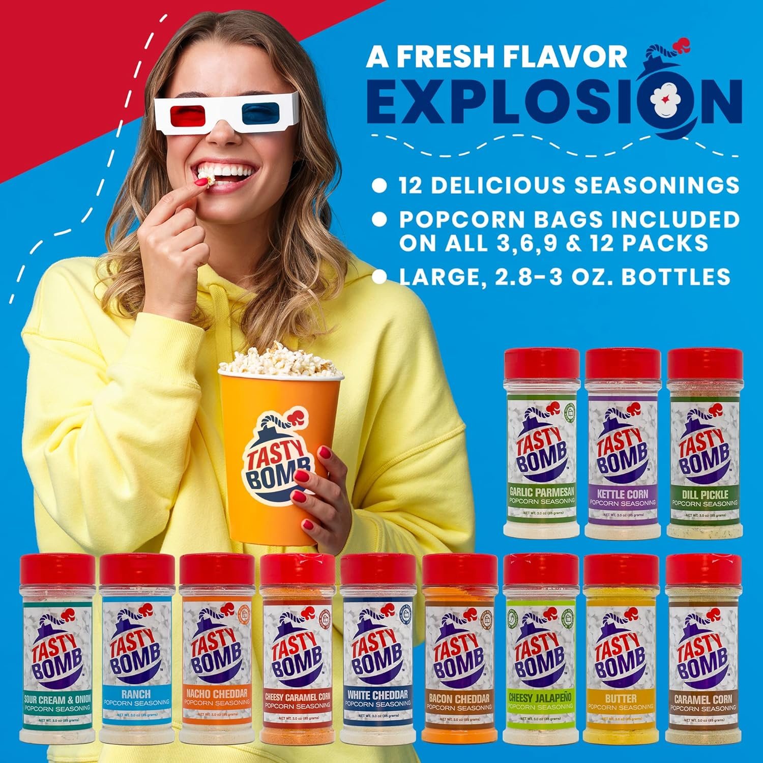 Flavorful Popcorn Seasoning Variety Pack – 6 Seasonings in White Cheddar Cheese, Ranch, Garlic Parmesan  More with Popcorn Bags – Gluten-Free Keto Snack for Movie Nights  Gifts by Tasty Bomb, 2.8-3 Oz.