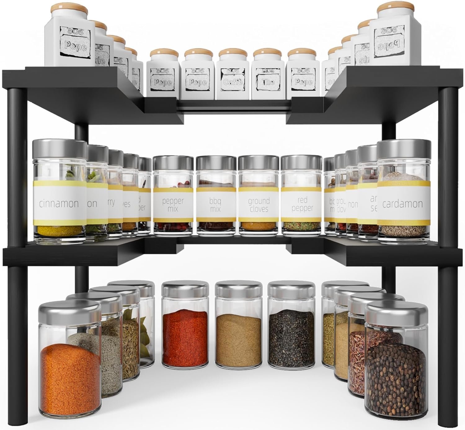 Focieulo Spice Rack Organizer for Cabinet, Set of 2 Expandable  Stackable Bamboo Spice Organization Luxury Kitchen Seasoning Organizer - Pantry Storage Shelf Multipurpose Display Stand, Black Focieulo Spice Rack Organizer for Cabinet, Set of 2 Expandable  Stackable Bamboo Spice Organization Luxury Kitchen Seasoning Organizer - Pantry Storage Shelf Multipurpose Display Stand, Black