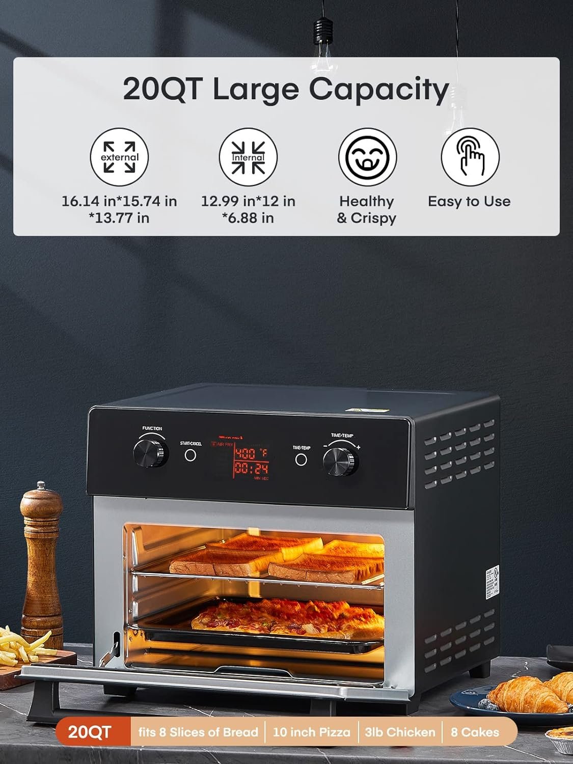 FOHERE Air Fryer Toaster Oven Combo, 20QT Smart Convection Ovens Countertop, 7 Cooking Functions for Roast, Bake, Broil, Air Fry, Free Accessories Included, 1800W