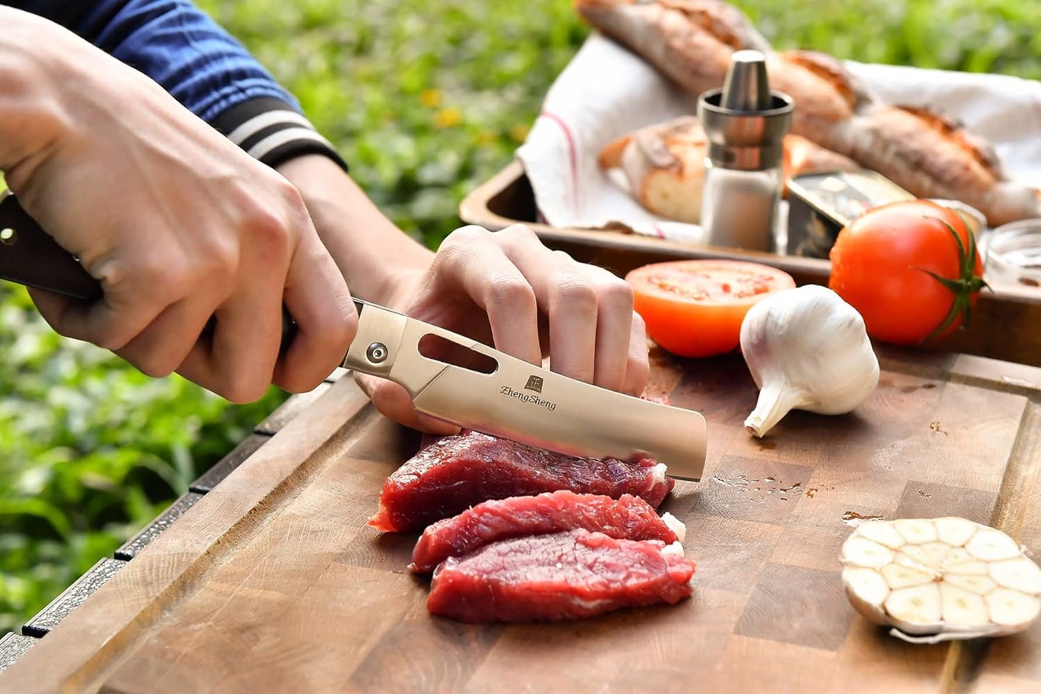 Folding Chef Knife 4.8 Sharp 440A Stainless Steel Blade Wooden Handle Pocket Foldable Japanese Style Kitchen Knife for Outdoor Camping Cooking