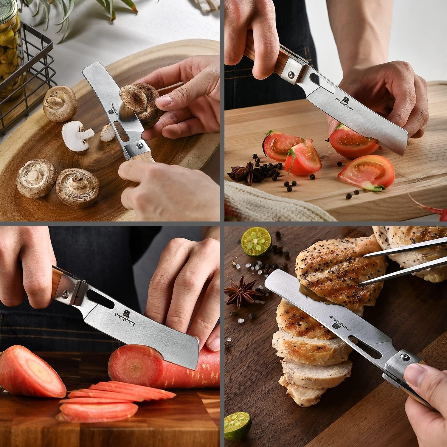 Folding Chef Knife 4.8 Sharp 440A Stainless Steel Blade Wooden Handle Pocket Foldable Japanese Style Kitchen Knife for Outdoor Camping Cooking