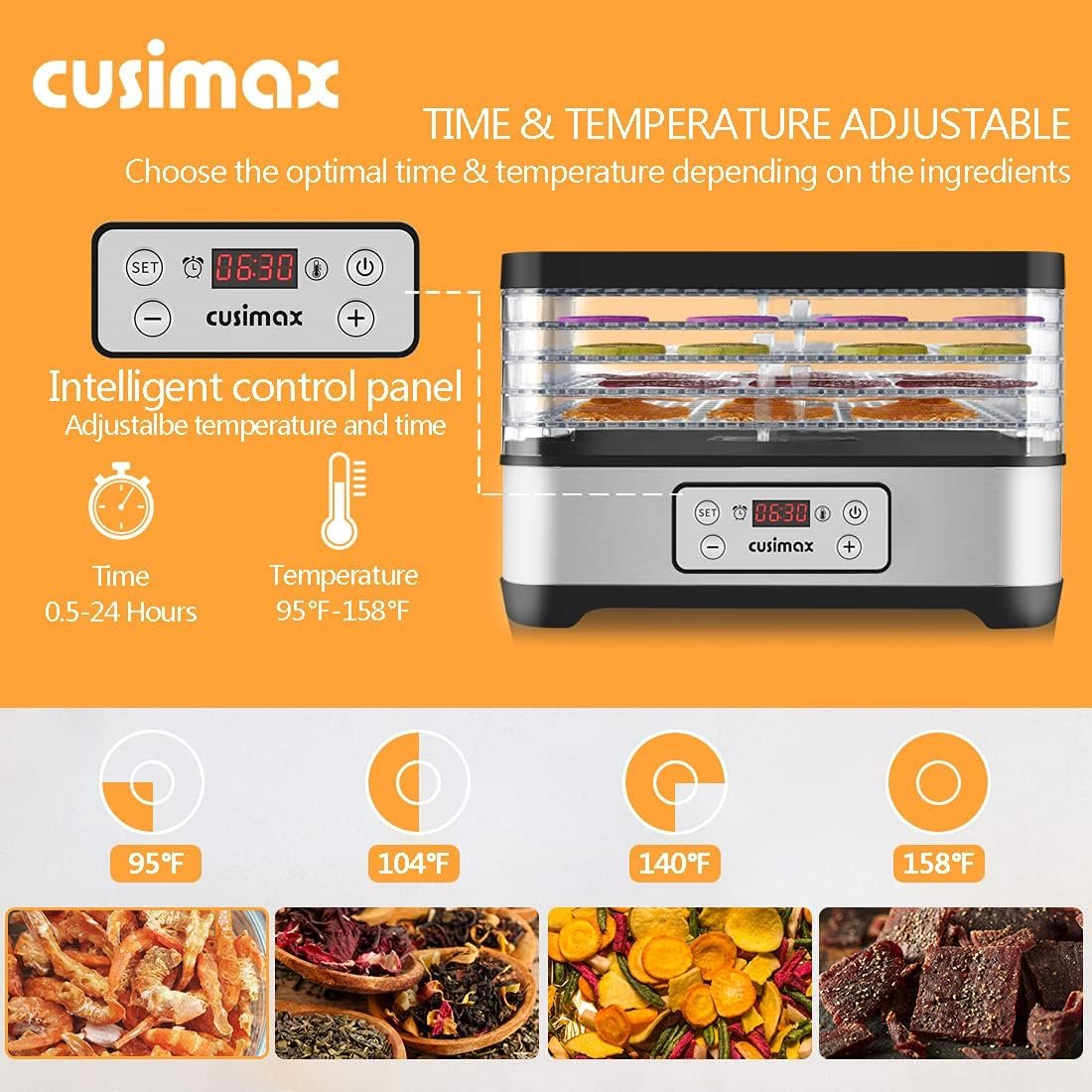 Food Dehydrator, CUSIMAX Electric Dryer Dehydrators Machine with Digital Timer  Temperature Control for Beef Jerky Fruits Meat Herbs Vegetables, 5 BPA-Free Trays, Overheat Protection, Silver
