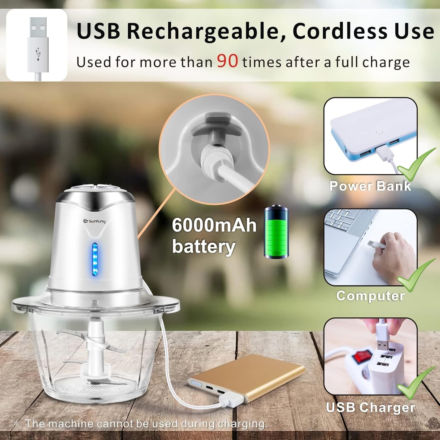 Food Processor 6000mAh Cordless Vegetable Chopper with 5 Cup Glass Bowl, Electric Garlic Meat Choppers BPA-free Baby Food Processors Blender Small Kitchen Mixer Mincer with 4 Blades, 2 Speeds (Pink)