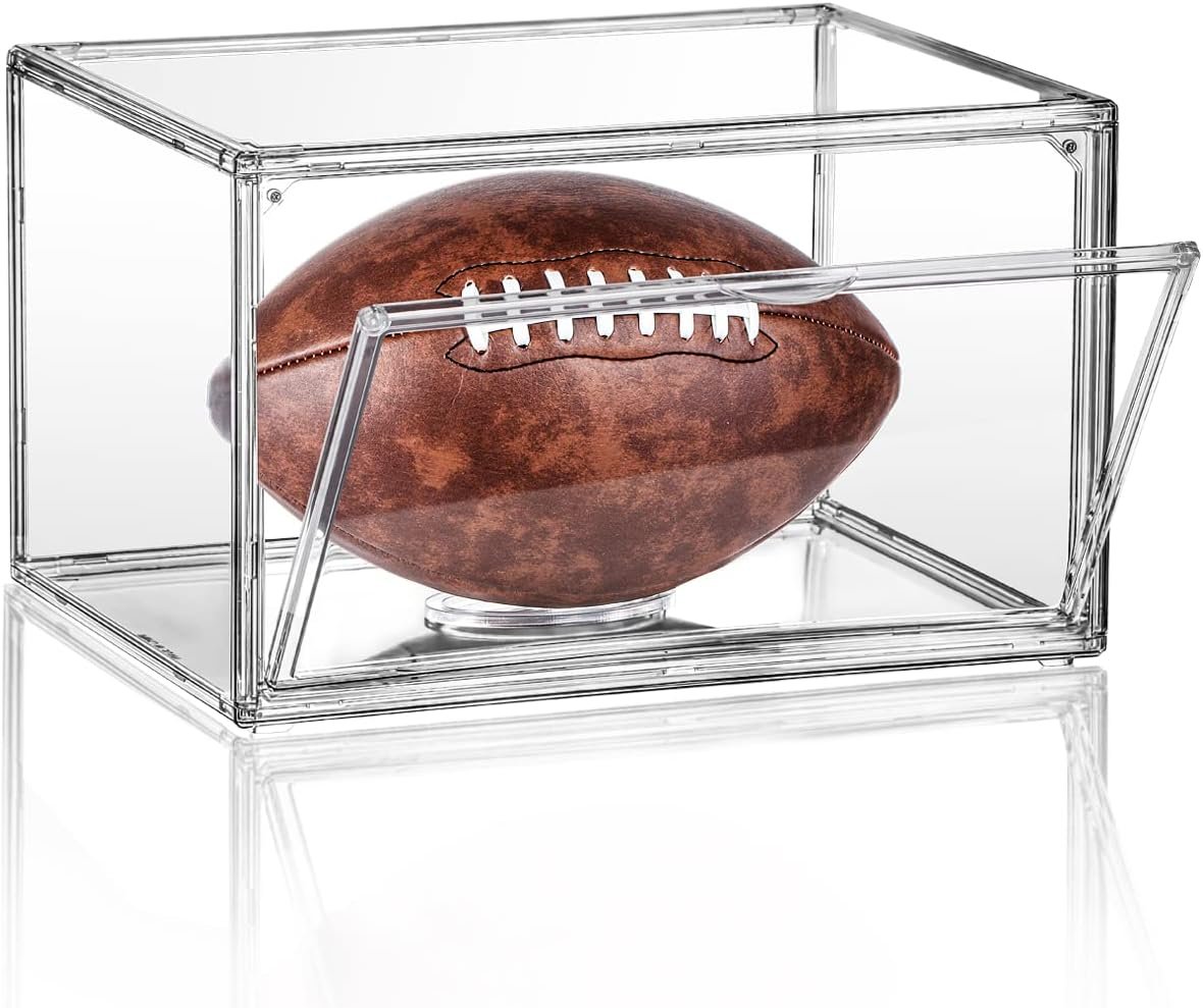 Football Display Case Full Size, Clear Acrylic Football Case Display Case with Magnetic Door and UV Protection, Professional Grade Stackable Football Display Box - 1 Pack
