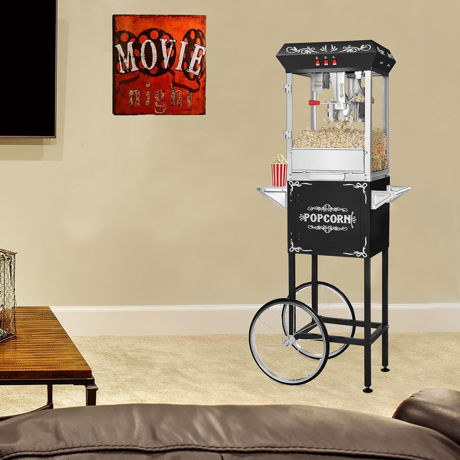 Foundation Popcorn Machine with Cart - 8oz Popper with Stainless-Steel Kettle, Warming Light, and Accessories by Great Northern Popcorn (Black)