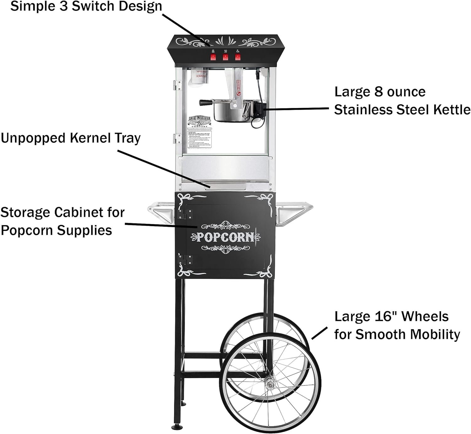 Foundation Popcorn Machine with Cart - 8oz Popper with Stainless-Steel Kettle, Warming Light, and Accessories by Great Northern Popcorn (Black)