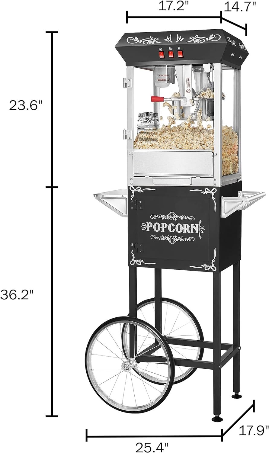 Foundation Popcorn Machine with Cart - 8oz Popper with Stainless-Steel Kettle, Warming Light, and Accessories by Great Northern Popcorn (Black)