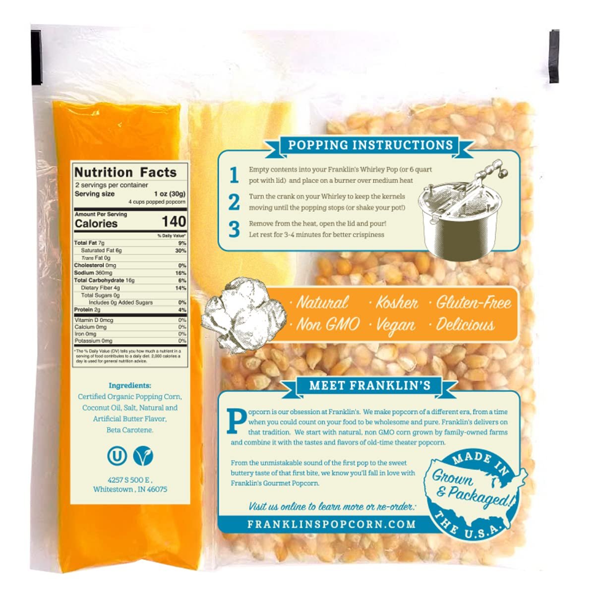 Franklin’s Gourmet Popcorn All-In-One Popcorn Packs for Popcorn Machine - 4oz Pack of 5 - Made in USA - Classic Popcorn Bags with Buttery Salt  Oil