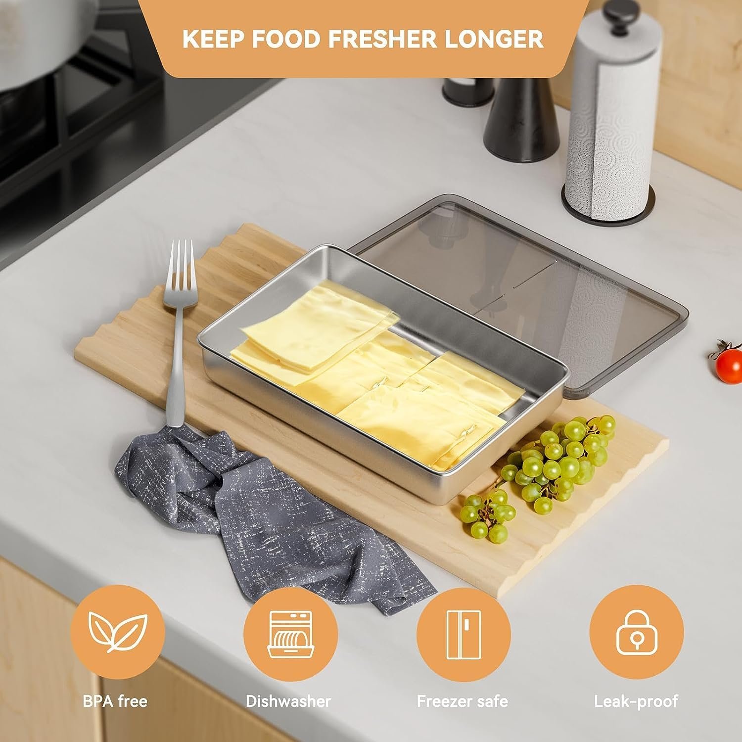 Freshmage Bacon Container for Refrigerator, 304 Stainless Steel Airtight Deli Meat Storage Containers for Fridge Dishwasher Safe Long Kitchen Food Storage Containers with Lids with Elevated Base…