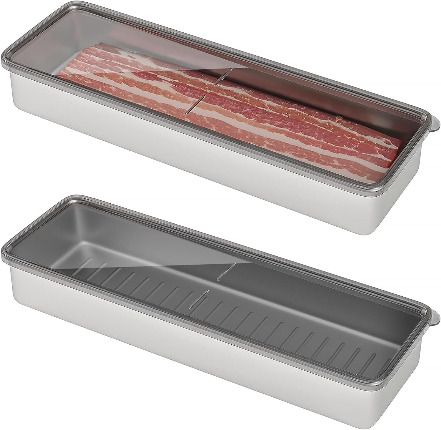 Freshmage Bacon Container for Refrigerator, 304 Stainless Steel Airtight Deli Meat Storage Containers for Fridge Dishwasher Safe Long Kitchen Food Storage Containers with Lids with Elevated Base…