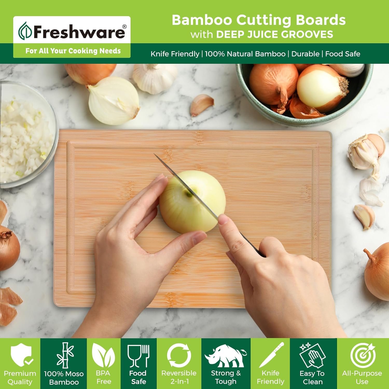 Freshware Wood Cutting Boards for Kitchen - Bamboo Cutting Board Set of 3, Cutting Boards with Juice Grooves, Serving Board Set, Chopping Board for Meat, Veggie, Easy Grip Handle (9x6, 12x8, 15x10)