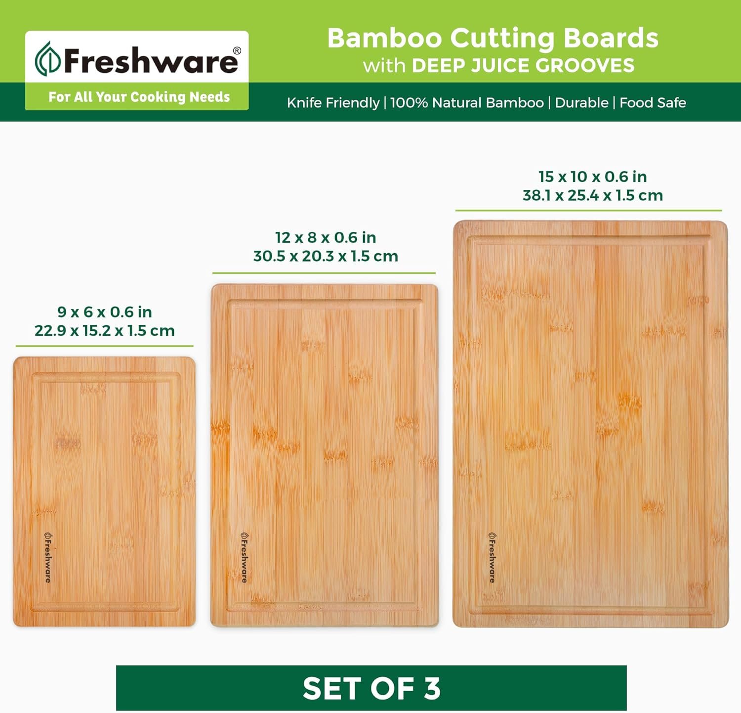 Freshware Wood Cutting Boards for Kitchen - Bamboo Cutting Board Set of 3, Cutting Boards with Juice Grooves, Serving Board Set, Chopping Board for Meat, Veggie, Easy Grip Handle (9x6, 12x8, 15x10)