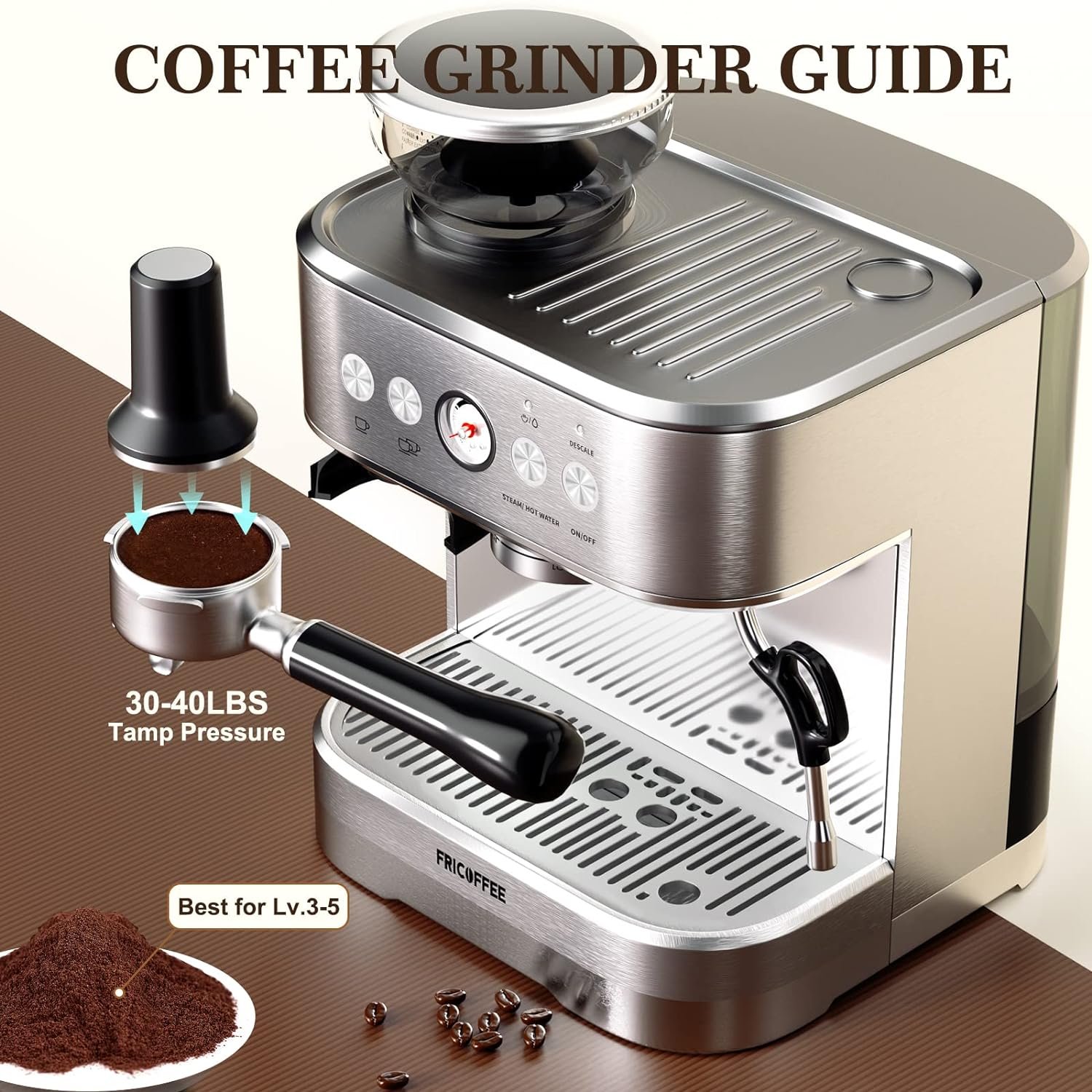 Fricoffee Espresso Machine with Grinder Espresso Maker Stainless Steel with Milk Frother Cappuccino Machine Semi Automatic Espresso Machine Fricoffee Espresso Machine with Grinder Espresso Maker Stainless Steel with Milk Frother Cappuccino Machine Semi Automatic Espresso Machine