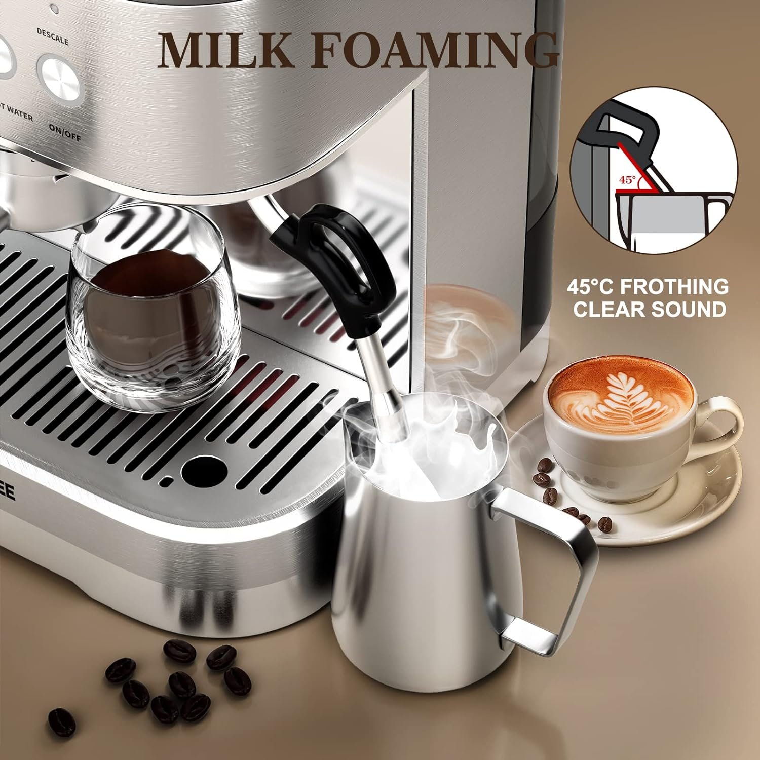 Fricoffee Espresso Machine with Grinder Espresso Maker Stainless Steel with Milk Frother Cappuccino Machine Semi Automatic Espresso Machine Fricoffee Espresso Machine with Grinder Espresso Maker Stainless Steel with Milk Frother Cappuccino Machine Semi Automatic Espresso Machine