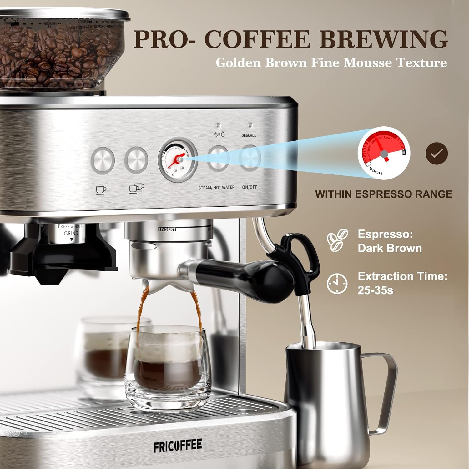 Fricoffee Espresso Machine with Grinder Espresso Maker Stainless Steel with Milk Frother Cappuccino Machine Semi Automatic Espresso Machine Fricoffee Espresso Machine with Grinder Espresso Maker Stainless Steel with Milk Frother Cappuccino Machine Semi Automatic Espresso Machine