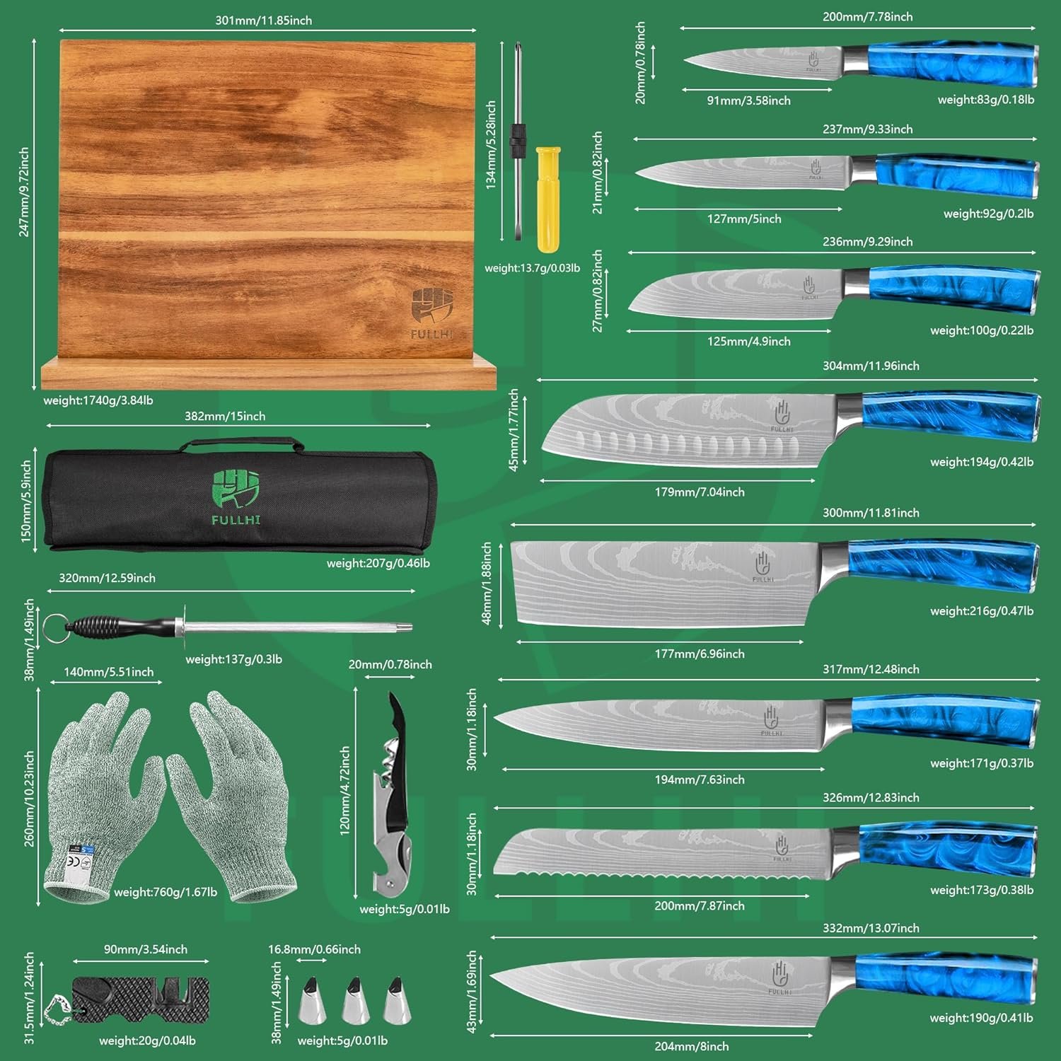 FULLHI Knife Set, 14pcs Japanese Knife Set, Multiple Colour Premium German Stainless Steel Kitchen Knife Set