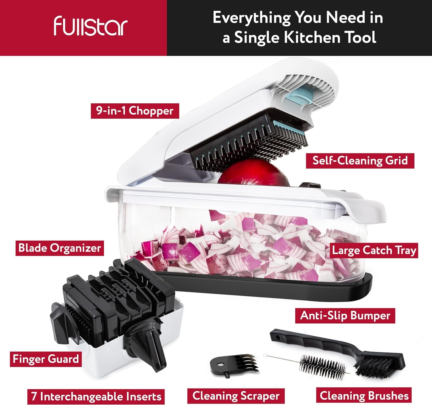 Fullstar XL Vegetable Chopper 9-in-1 Veggie Chopper with Extra Large Catch Tray, Chopper Vegetable Cutter - Food Chopper, Onion Chopper, Kitchen Gadgets with Anti-Slip Bumper and Self Cleaning Feature Fullstar XL Vegetable Chopper 9-in-1 Veggie Chopper with Extra Large Catch Tray, Chopper Vegetable Cutter - Food Chopper, Onion Chopper, Kitchen Gadgets with Anti-Slip Bumper and Self Cleaning Feature