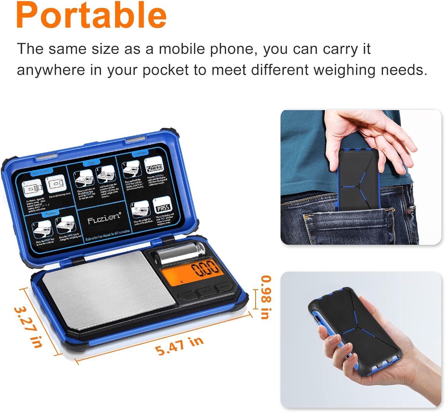 Fuzion TRI Digital Scale, 200g Gram Scale in 0.01g Increments, Digital Pocket Scale, 6 Measure Units for Food, Jewelry, Herbs, Powder, Small Scale with LCD, Tare (Blue)