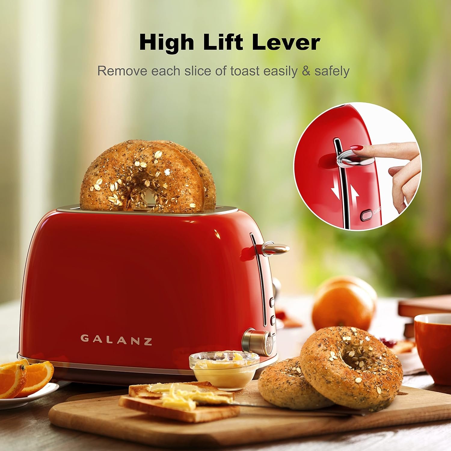 Galanz 2-Slice Toaster, 1.5 Extra Wide Slots for Bagels  Thick Bread, Defrost and 6 Browning Levels, Includes a Dust Lid  Removable Crumb Tray, Retro Red