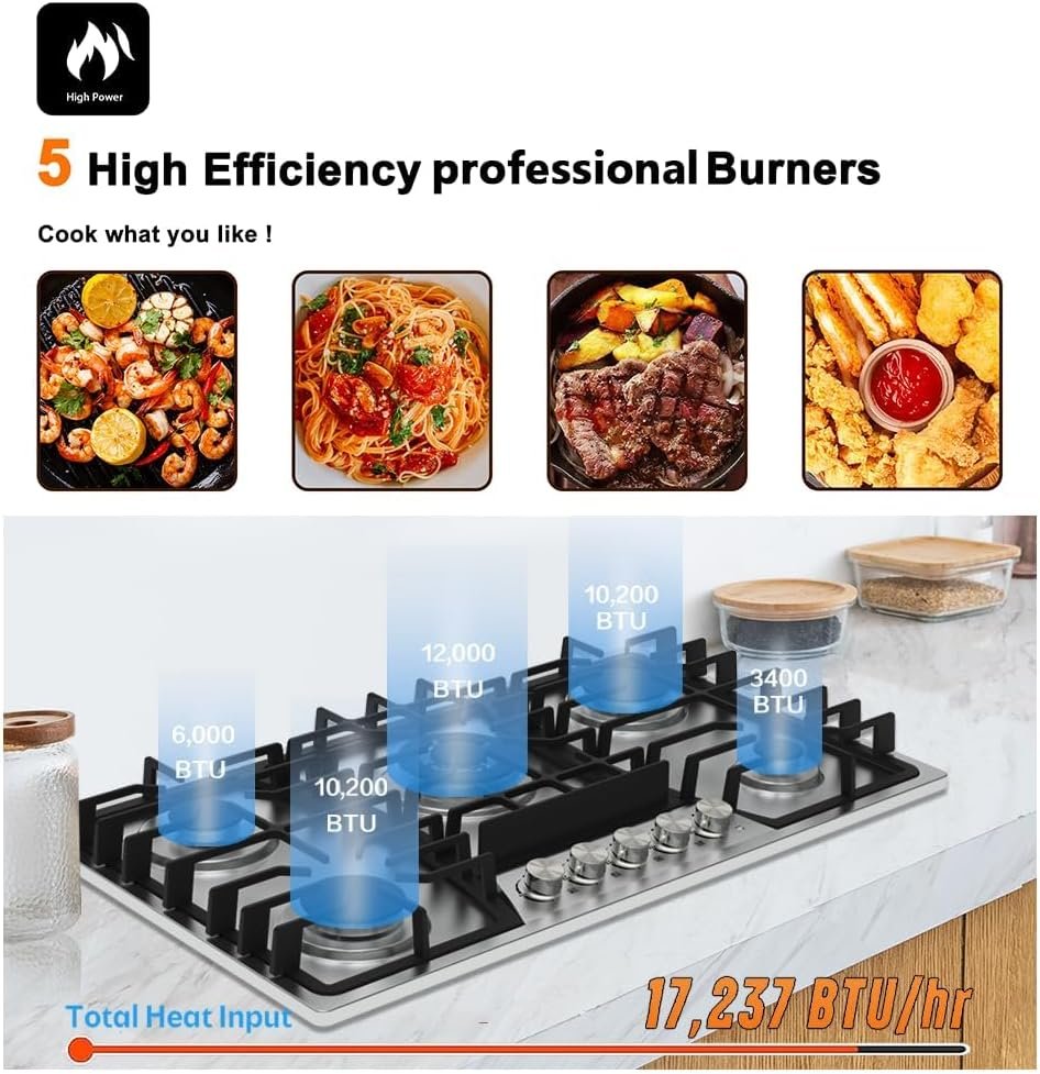 Gas Cooktop,36 inch Bulit-in Gas Stove Top with 5 Burner,Five Burner Propane Cooktop with Thermocouple Protection, Stainless Steel Gas Cooktop,36 inch Bulit-in Gas Stove Top with 5 Burner,Five Burner Propane Cooktop with Thermocouple Protection, Stainless Steel
