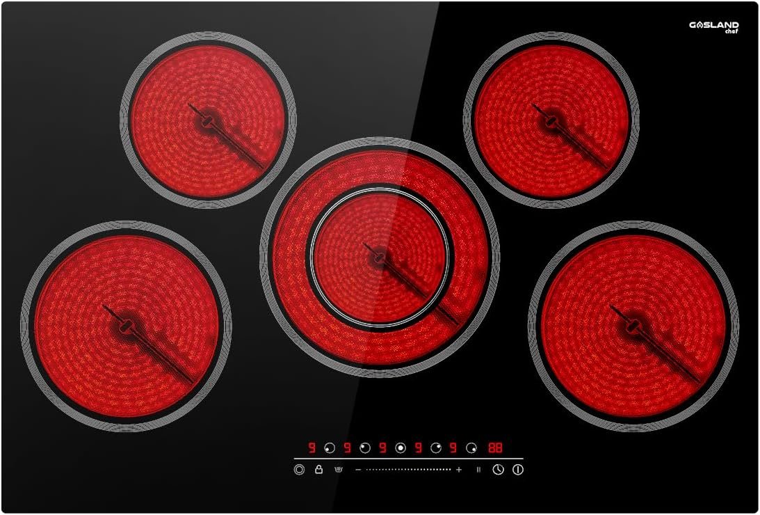GASLAND Chef 30 Inch Electric Cooktop, Ceramic Stovetop CH775BF 240V, Drop-in 5 Cooking Zones Electric Radiant Cooktop with 9 Power Levels, Slide Touch Control, Child Safety Lock, 1-99 Minute Timer GASLAND Chef 30 Inch Electric Cooktop, Ceramic Stovetop CH775BF 240V, Drop-in 5 Cooking Zones Electric Radiant Cooktop with 9 Power Levels, Slide Touch Control, Child Safety Lock, 1-99 Minute Timer