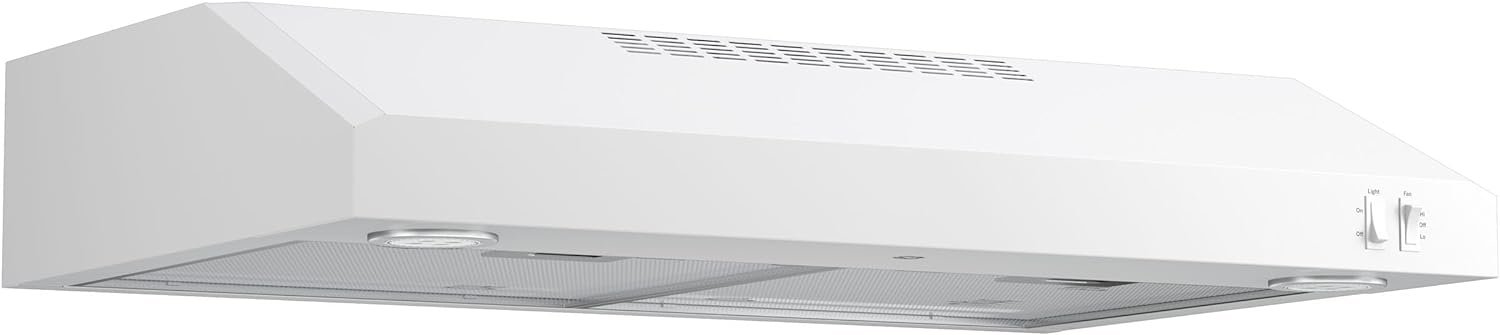 GE 30 Energy Star Certified Under The Cabinet Hood with Convertible Duct, Vertical and rear exhaust with, 2 Speed Exhaust Fan, Reusable Filter and LED Lights in White