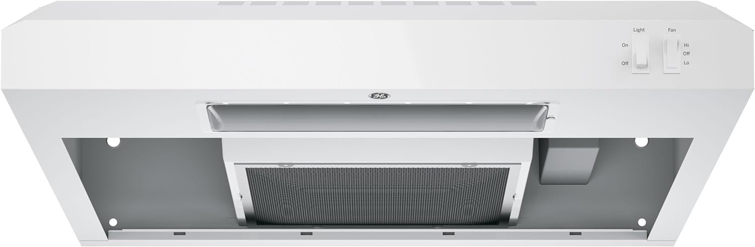 GE 30 Energy Star Certified Under The Cabinet Hood with Convertible Duct, Vertical and rear exhaust with, 2 Speed Exhaust Fan, Reusable Filter and LED Lights in White