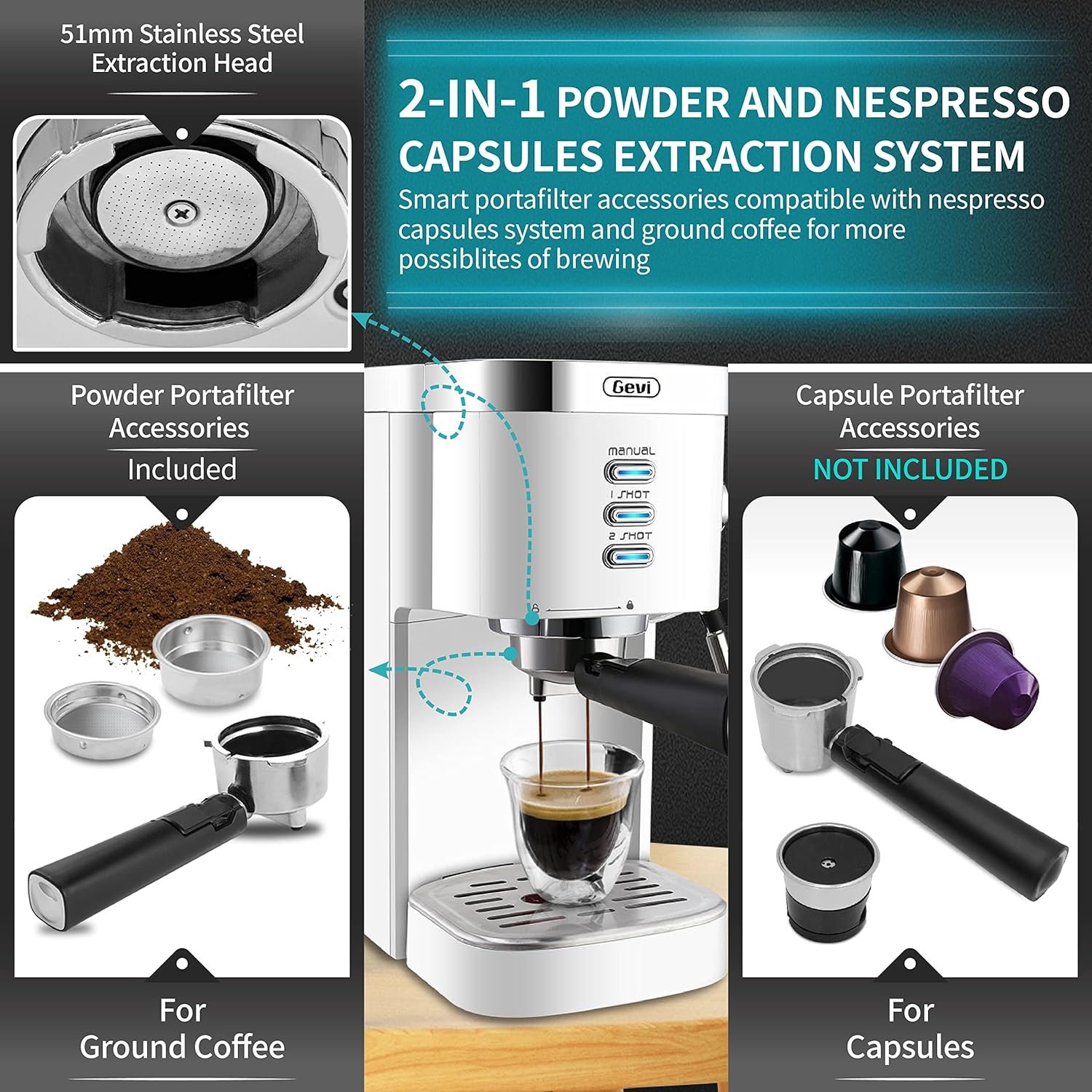Gevi Espresso Machines 20 Bar Fast Heating Automatic Cappuccino Coffee Maker with Foaming Milk Frother Wand for Espresso, Latte Macchiato, 1.2L Removable Water Tank, 1350W, White