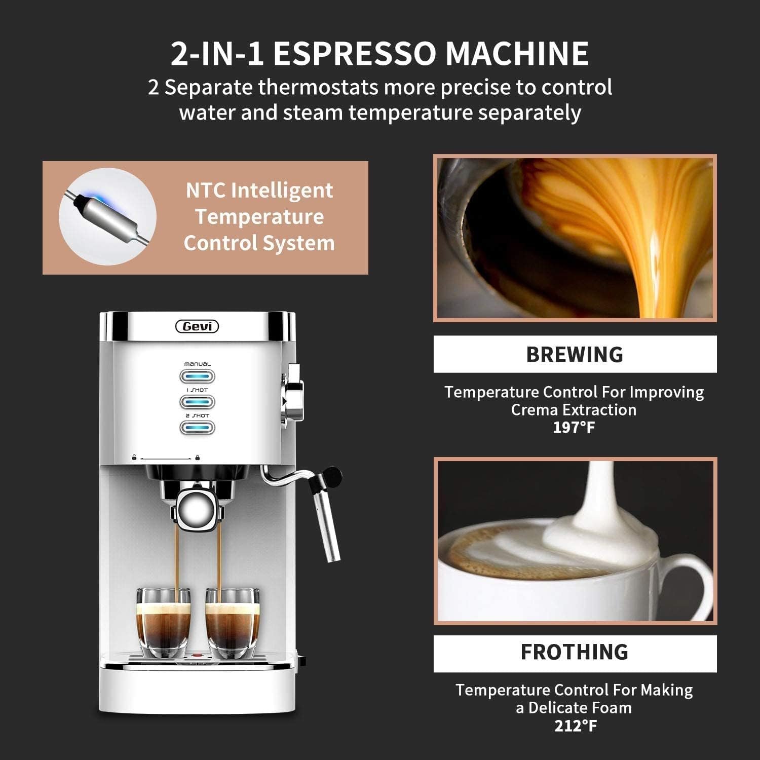 Gevi Espresso Machines 20 Bar Fast Heating Automatic Cappuccino Coffee Maker with Foaming Milk Frother Wand for Espresso, Latte Macchiato, 1.2L Removable Water Tank, 1350W, White